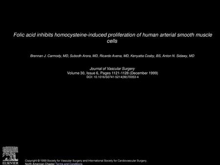 Folic acid inhibits homocysteine-induced proliferation of human arterial smooth muscle cells  Brennan J. Carmody, MD, Subodh Arora, MD, Ricardo Avena,