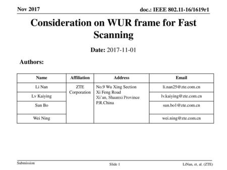 Consideration on WUR frame for Fast Scanning