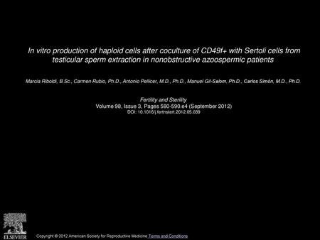 In vitro production of haploid cells after coculture of CD49f+ with Sertoli cells from testicular sperm extraction in nonobstructive azoospermic patients 