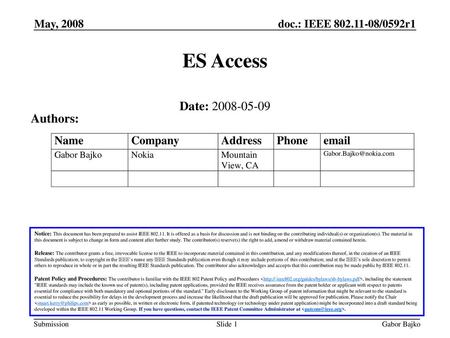 ES Access Date: Authors: May, 2008 November 2005