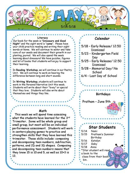 Star Students Calendar 5/14-5/18 5/18 – Early Release/ 12:50 Dismissal