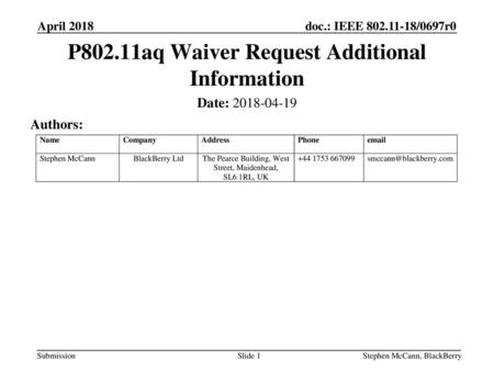 P802.11aq Waiver Request Additional Information