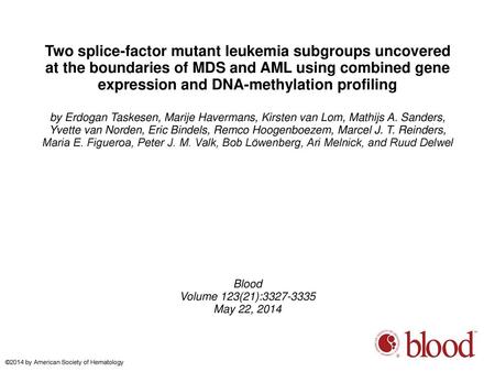 Two splice-factor mutant leukemia subgroups uncovered at the boundaries of MDS and AML using combined gene expression and DNA-methylation profiling by.