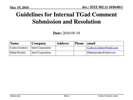 Guidelines for Internal TGad Comment Submission and Resolution