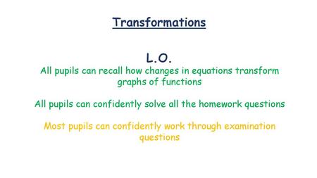 Transformations L.O. All pupils can recall how changes in equations transform graphs of functions All pupils can confidently solve all the homework questions.