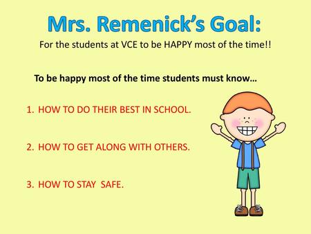 Mrs. Remenick’s Goal: For the students at VCE to be HAPPY most of the time!! To be happy most of the time students must know… HOW TO DO THEIR BEST IN SCHOOL.