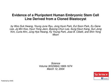 Evidence of a Pluripotent Human Embryonic Stem Cell Line Derived from a Cloned Blastocyst by Woo Suk Hwang, Young June Ryu, Jong Hyuk Park, Eul Soon Park,