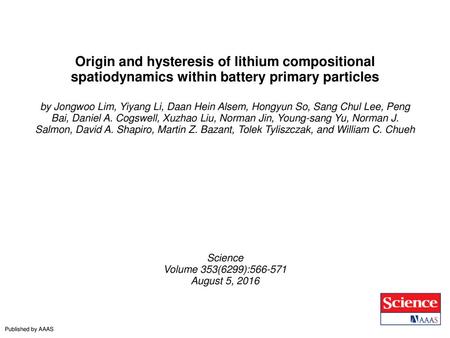 Origin and hysteresis of lithium compositional spatiodynamics within battery primary particles by Jongwoo Lim, Yiyang Li, Daan Hein Alsem, Hongyun So,