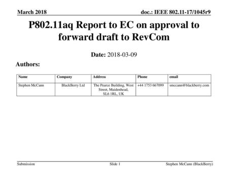 P802.11aq Report to EC on approval to forward draft to RevCom