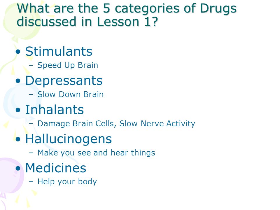 What Are The 5 Categories Of Drugs Discussed In Lesson 1 Stimulants Speed Up Brain Depressants Slow Down Brain Inhalants Damage Brain Cells Slow Nerve Ppt Download