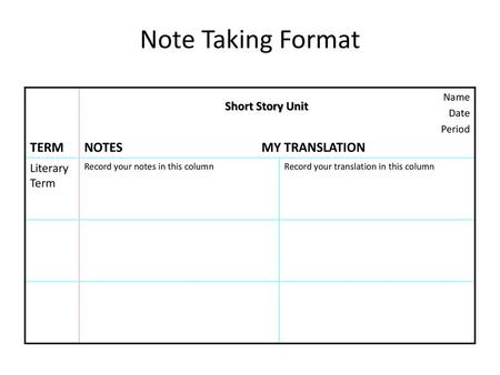 Note Taking Format TERM NOTES MY TRANSLATION Short Story Unit