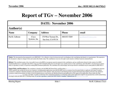 Report of TGv – November 2006