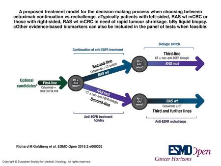 A proposed treatment model for the decision-making process when choosing between cetuximab continuation vs rechallenge. aTypically patients with left-sided,