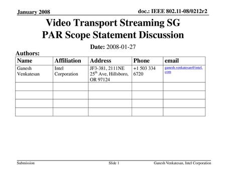 Video Transport Streaming SG PAR Scope Statement Discussion