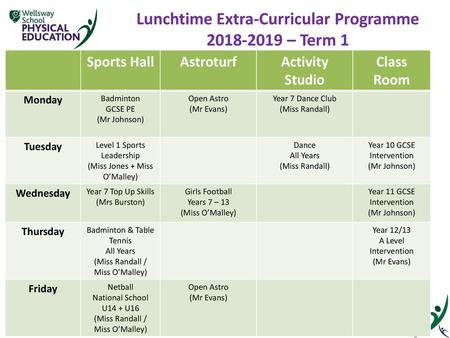 Lunchtime Extra-Curricular Programme