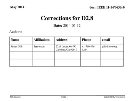 Corrections for D2.8 Date: Authors: May 2014 Name