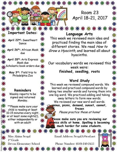 Room 23 April 18-21, 2017 Language Arts Important Dates: