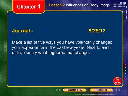 Chapter 4 Lesson 2 Influences on Body Image Journal /26/12
