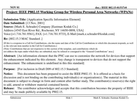 NOV 01 Project: IEEE P802.15 Working Group for Wireless Personal Area Networks (WPANs) Submission Title: [Application Specific Information Element] Date.