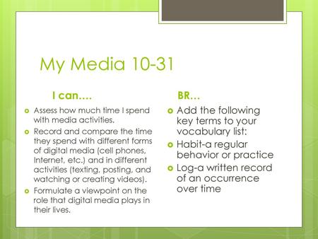 My Media 10-31 I can…. BR… Assess how much time I spend with media activities. Record and compare the time they spend with different forms of digital media.