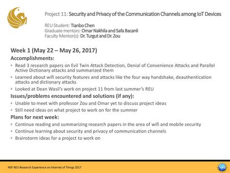 Project 11: Security and Privacy of the Communication Channels among IoT Devices REU Student: Tianbo Chen Graduate mentors: Omar Nakhila and Safa Bacanli.