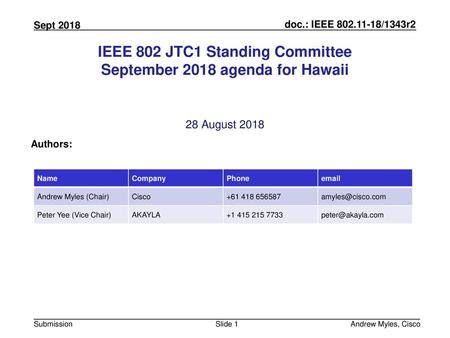 IEEE 802 JTC1 Standing Committee September 2018 agenda for Hawaii