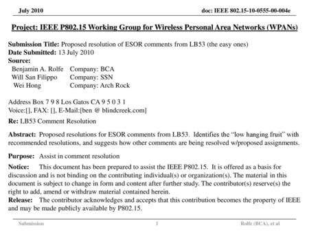 Project: IEEE P802.15 Working Group for Wireless Personal Area Networks (WPANs) Submission Title: Proposed resolution of ESOR comments from LB53 (the easy.
