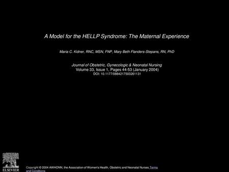 A Model for the HELLP Syndrome: The Maternal Experience
