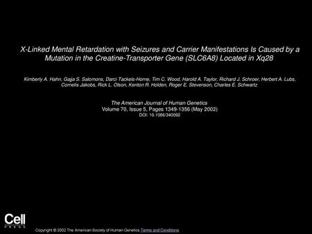 X-Linked Mental Retardation with Seizures and Carrier Manifestations Is Caused by a Mutation in the Creatine-Transporter Gene (SLC6A8) Located in Xq28 