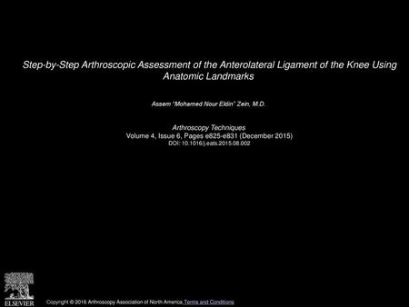 Step-by-Step Arthroscopic Assessment of the Anterolateral Ligament of the Knee Using Anatomic Landmarks  Assem “Mohamed Nour Eldin” Zein, M.D.  Arthroscopy.