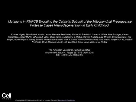 Mutations in PMPCB Encoding the Catalytic Subunit of the Mitochondrial Presequence Protease Cause Neurodegeneration in Early Childhood  F.-Nora Vögtle,