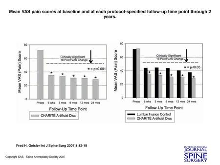 Mean VAS pain scores at baseline and at each protocol-specified follow-up time point through 2 years. Mean VAS pain scores at baseline and at each protocol-specified.