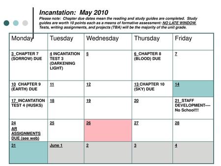 Incantation: May 2010 Please note: Chapter due dates mean the reading and study guides are completed. Study guides are worth 10 points each as a means.