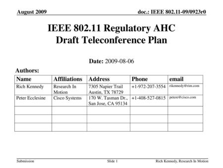 IEEE Regulatory AHC Draft Teleconference Plan
