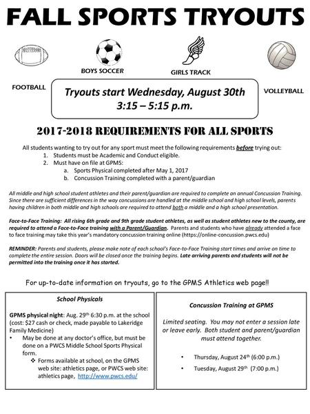 Tryouts start Wednesday, August 30th