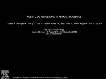 Health Care Maintenance in Female Adolescents
