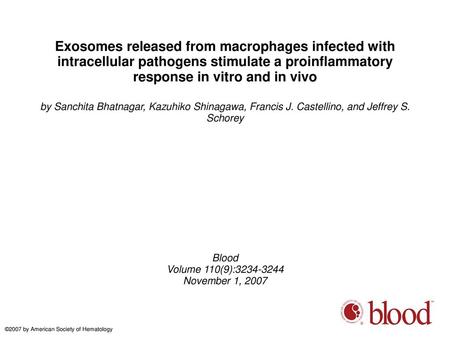 Exosomes released from macrophages infected with intracellular pathogens stimulate a proinflammatory response in vitro and in vivo by Sanchita Bhatnagar,