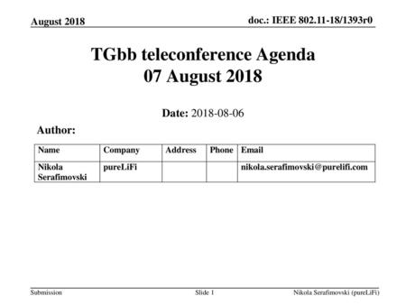 TGbb teleconference Agenda 07 August 2018