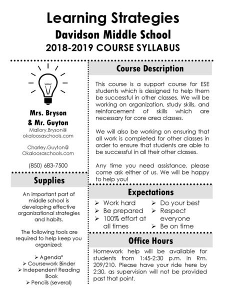 Learning Strategies Davidson Middle School COURSE SYLLABUS