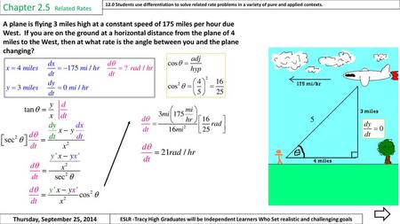 Chapter 2.5 Related Rates 12.0 Students use differentiation to solve related rate problems in a variety of pure and applied contexts. A plane is flying.