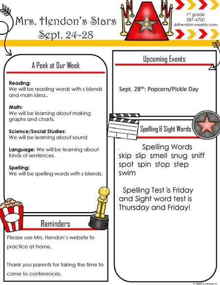 Mrs. Hendon’s Stars Sept Reminders Upcoming Events