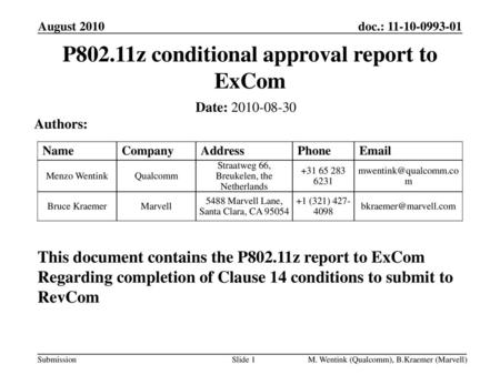 P802.11z conditional approval report to ExCom