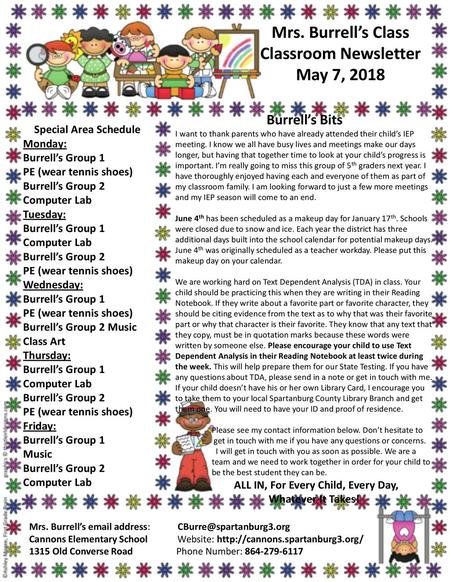 Classroom Newsletter May 7, 2018