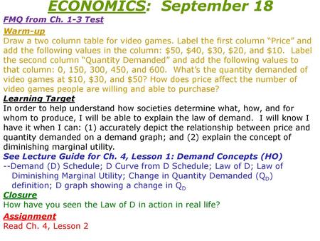 ECONOMICS: September 18 FMQ from Ch. 1-3 Test
