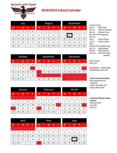 2018/2019 School Calendar July August September October November