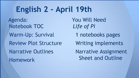 English 2 - April 19th Agenda: Notebook TOC Warm-Up: Survival