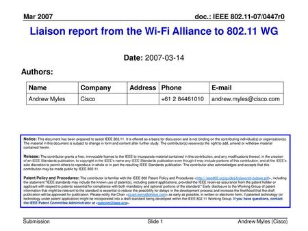 Liaison report from the Wi-Fi Alliance to WG