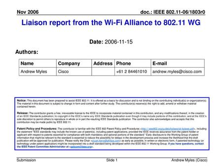 Liaison report from the Wi-Fi Alliance to WG