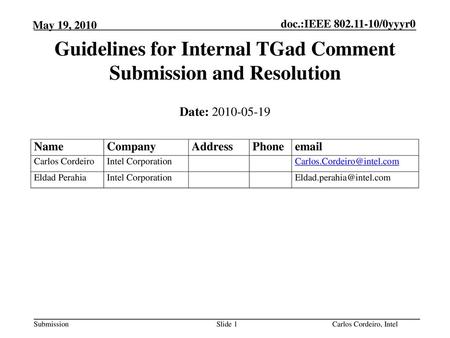 Guidelines for Internal TGad Comment Submission and Resolution