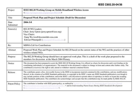 IEEE C802.20-04/36 Project IEEE 802.20 Working Group on Mobile Broadband Wireless Access  Title Proposed Work Plan.